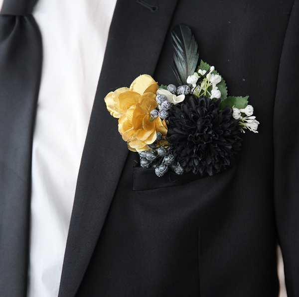 Black and Gold Feathers Boutonniere