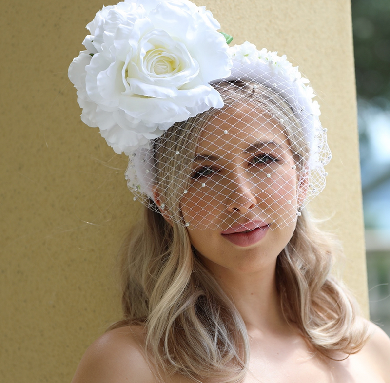 Silk White Rose With Studded Veil